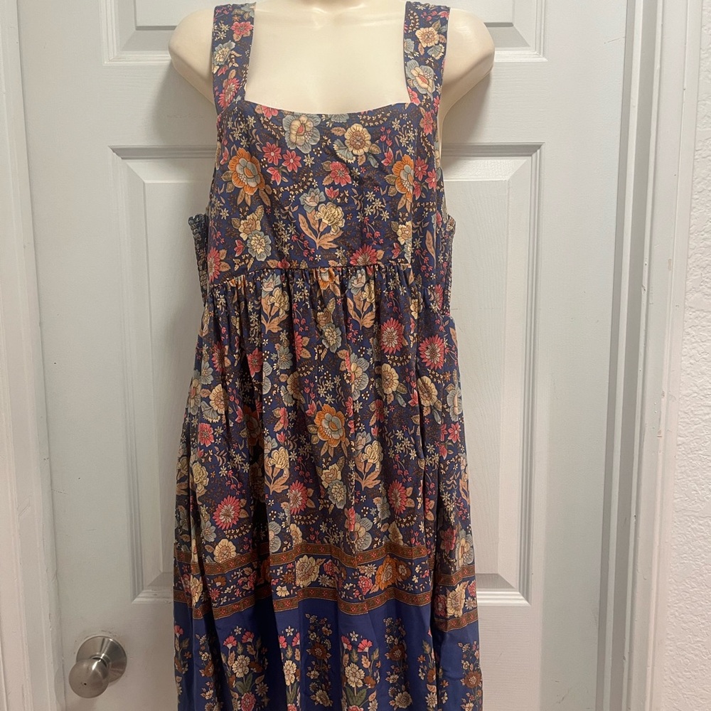 NATURAL LIFE Tricia Mini Dress Cotton Blue Yellow Rose Floral Boho Spring L- EUC - Picture 3 of 12